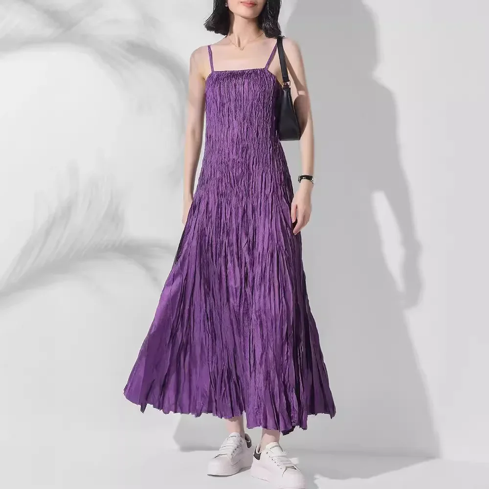 Pleats Pleats Handmade Messy Pleats Halter Dress Women Loose Thin Flowy Feeling Straps Adjustable High Waisted Big Swing Skirt