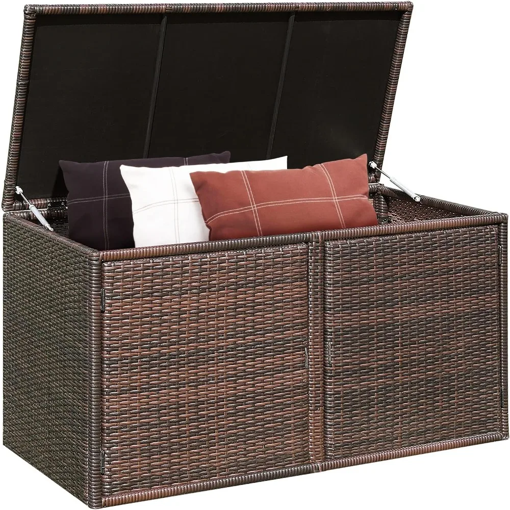 

pe wicker storage box - outdoor 88 gallon 2-tier deck box for patio furniture toys storage w/lid & front doors, all weather rat