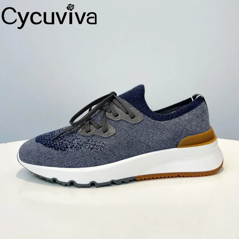 New Hot Sale Knitted Lace Up Flat Shoes Men Thick Sole Breathable Mesh Casual Sneakers Male Autumn Comfort Flat Walk Shoes Men