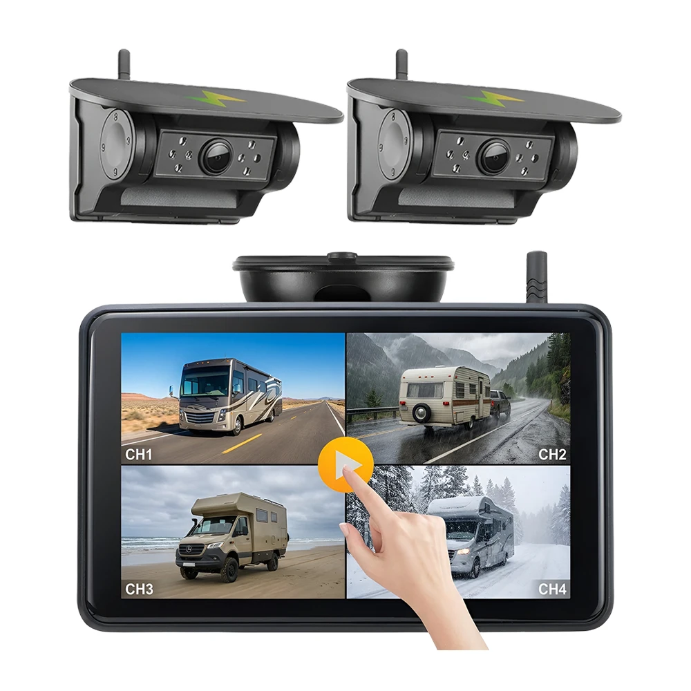 5'' DVR Monitor Solar Magnetic Wireless Backup Camera System BSD Blind Spot Alarm Parking Camera for Truck RV Trailer Forklift