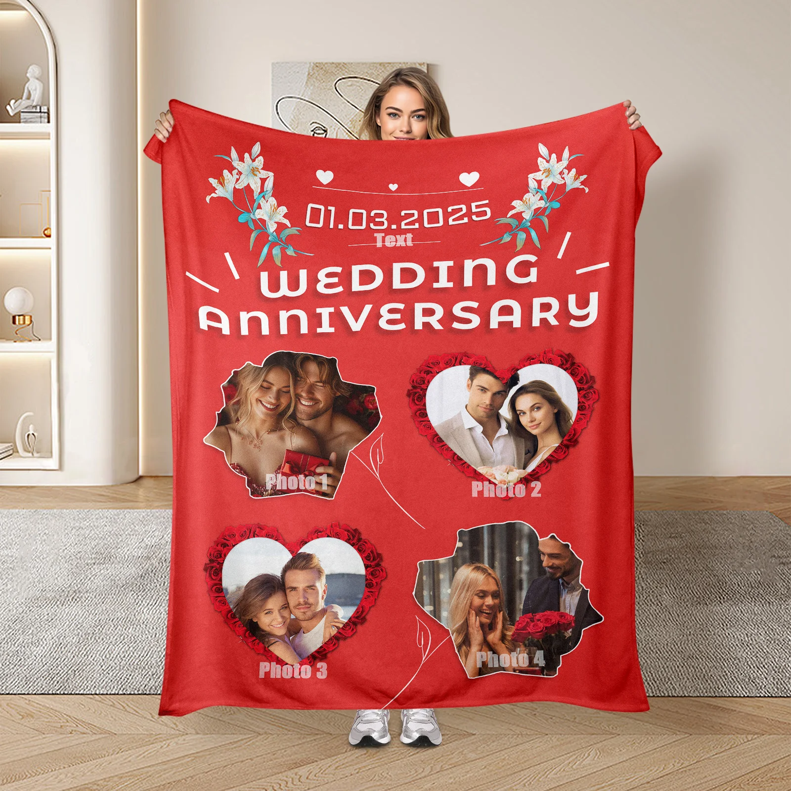 Custom Wedding Anniversary Flower Heart And Red Design Cozy Blanket For Romantic Warmth And Decor