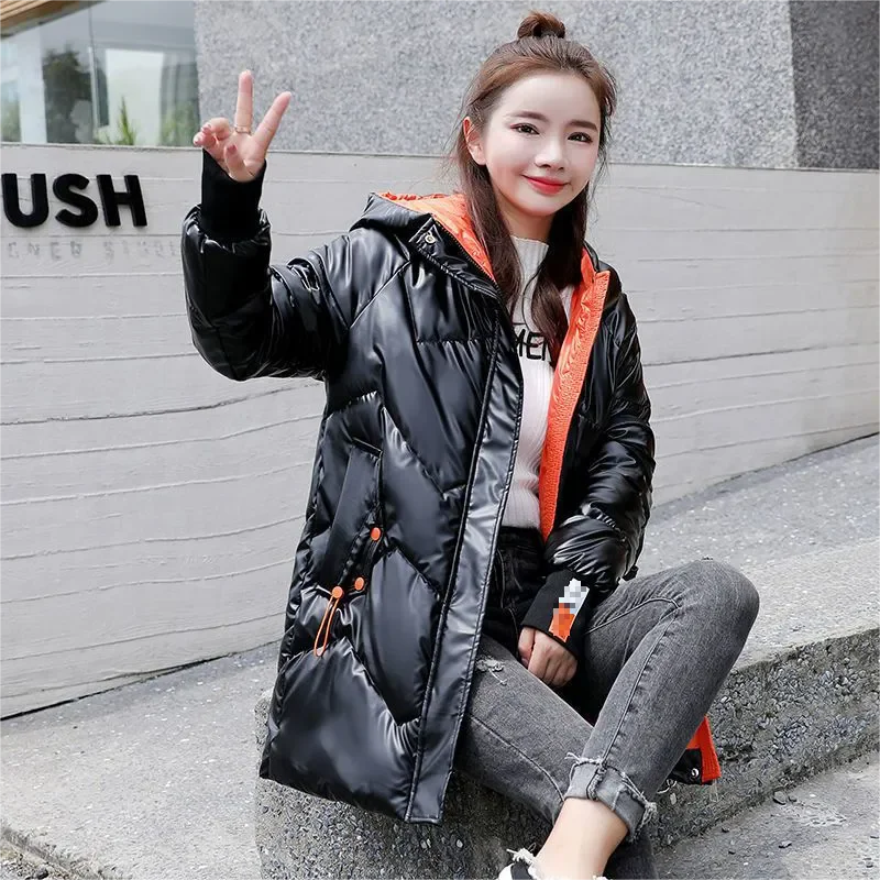 2024 Women\'s Winter Parkas Mid length Coat Loose Coat Thickened Bright Face Cotton Coat Women Cotton Padded Jacket