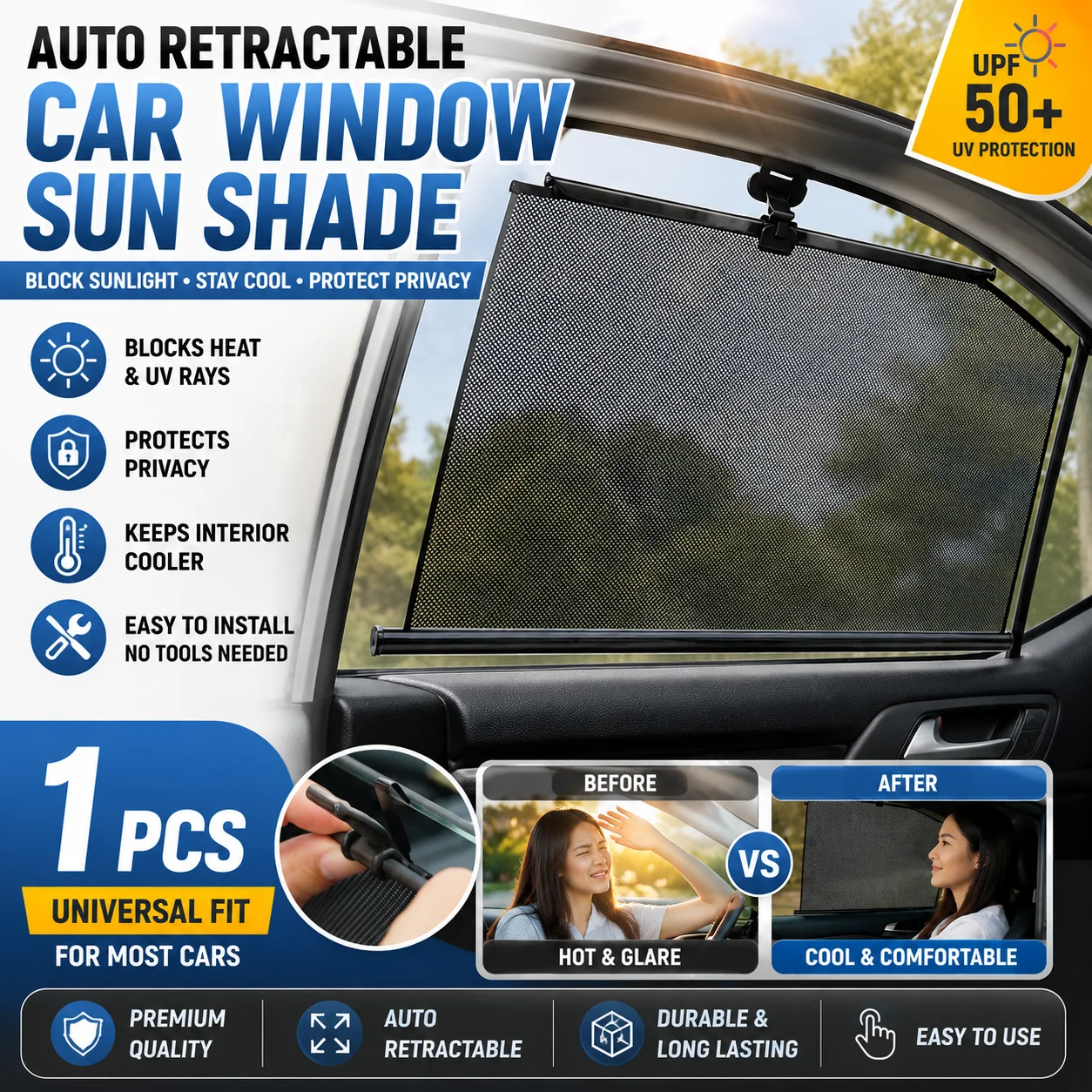 Retractable Car Window Sun Shade UV Protection Side Window Curtain Heat Insulation Privacy Screen Universal Auto Sunshade car