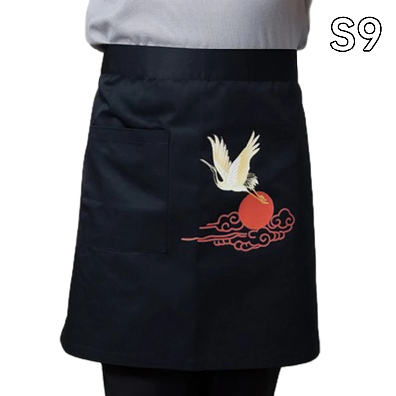 Kitchen Cooking Aprons Japanese Style Cuisine Half-Length Long Waist Apron Matching Sushi Uniform Apron with Pockets