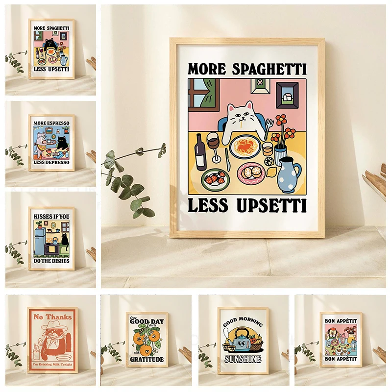 More Spaghetti & Less Regretful Cat Canvas Print Retro More Espresso Cat Kitchen Wall Art Poster for Living Room Cafe Home De