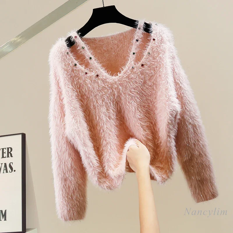 Fashion Sexy Off-Shoulder Beaded Bright Silk Soft Glutinous Furry Sweater Women Autumn Design Sense Loose All-Matching Top 2024