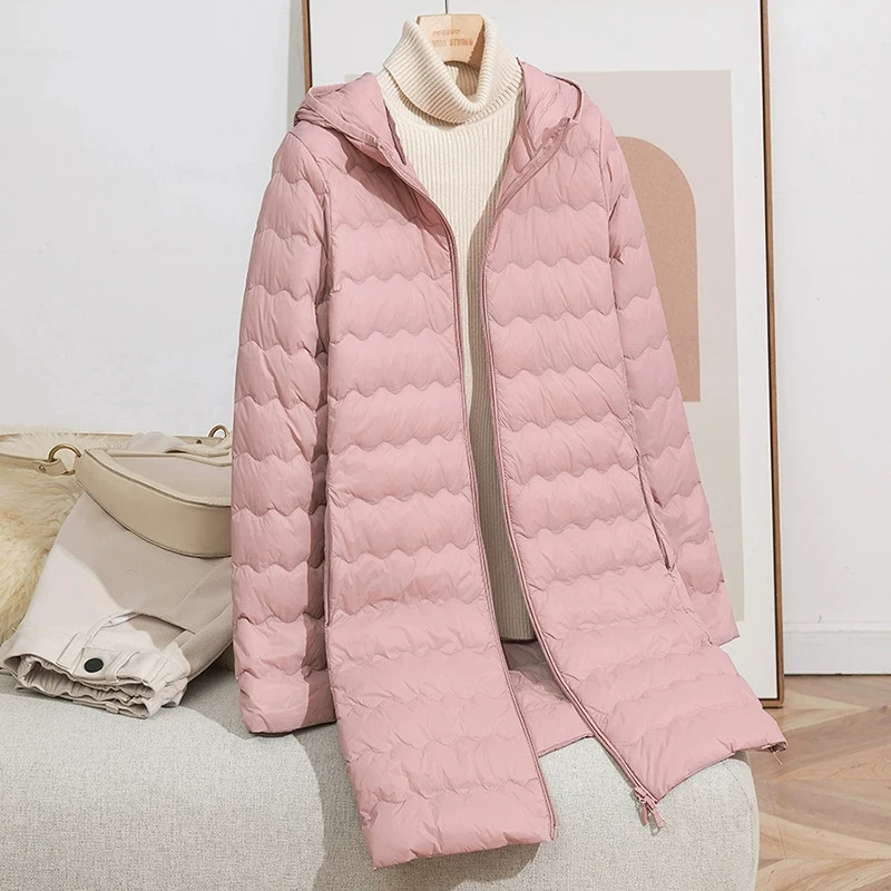 Schinteon feminino leve 90% pato branco para baixo jaqueta longa com capuz casual outono inverno alta qualidade outwear casaco 2025 novo