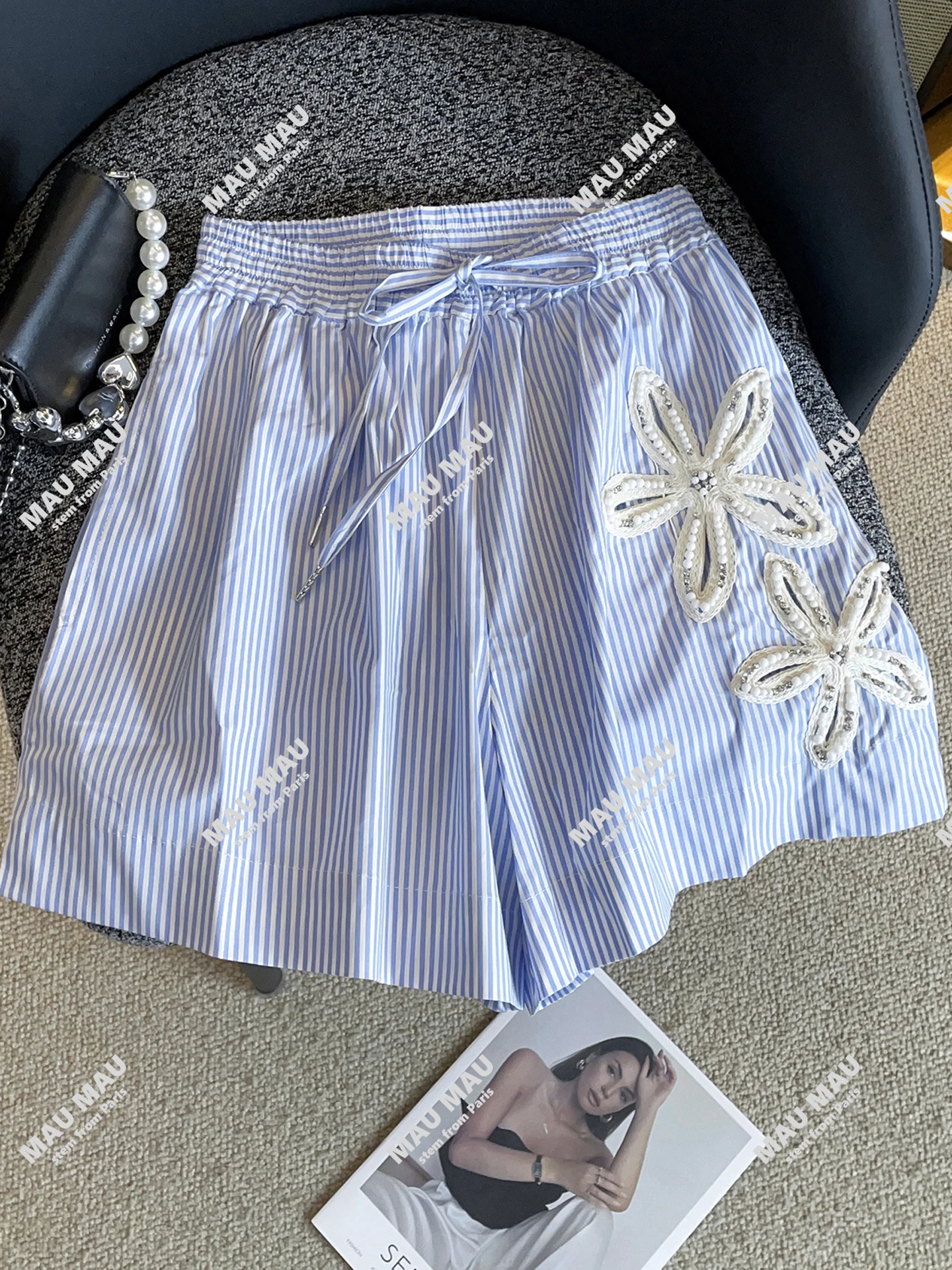 Heavy Embellied Floral Hollow Stripe Dstring orts High Waist Straight Leg Casual Pants for Women Autumn Seasonal Wear