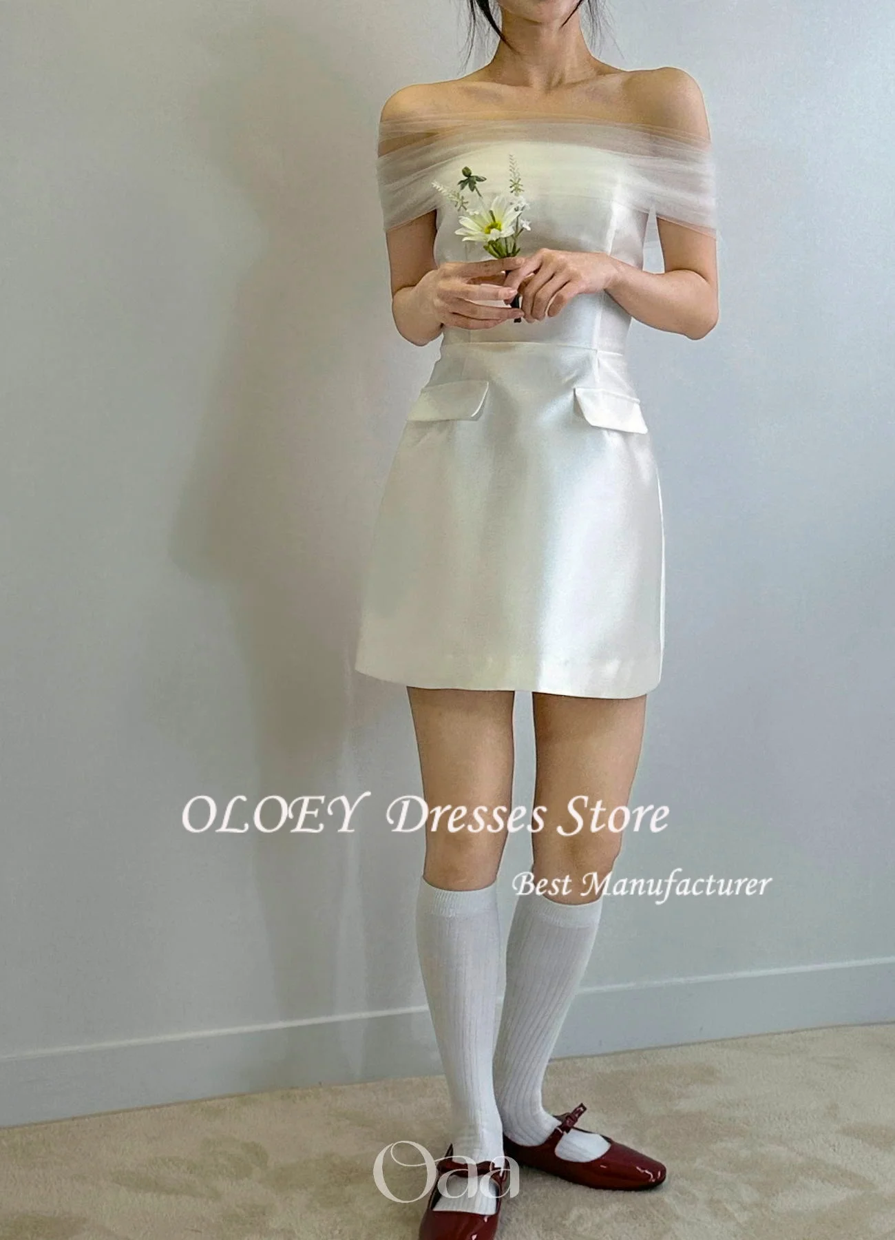 فساتين زفاف كورية صغيرة من OLOEY بجيوب قلابة قبالة الكتف من الساتان مشد فساتين الزفاف المفاجئة فساتين الاستقبال فستان الحفلات #6
