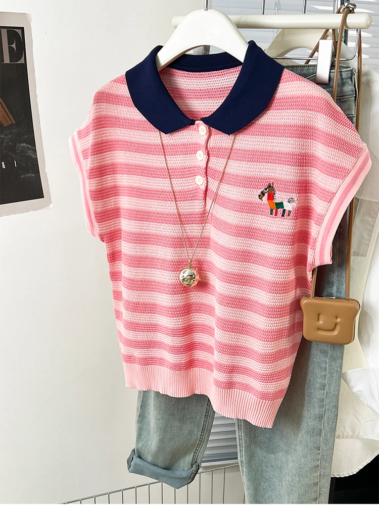 Summer Turn-down Collar Knitted Short-sleeved Tops Women\'s Casual Versatile Striped Embroidered T-shirt Loose Tops
