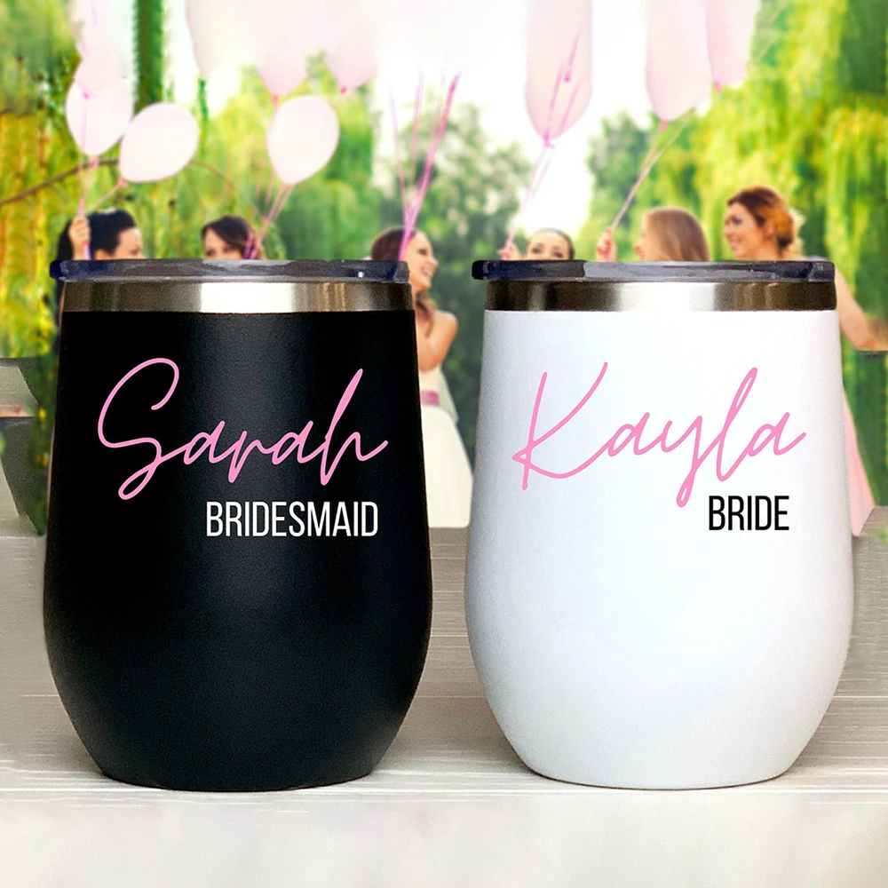 12oz Custom Bridesmaid Wine Tumblers Bachelorette Party Wedding Gift Stainless Steel Swig Wine Cup With Seal Lid Travel Mug