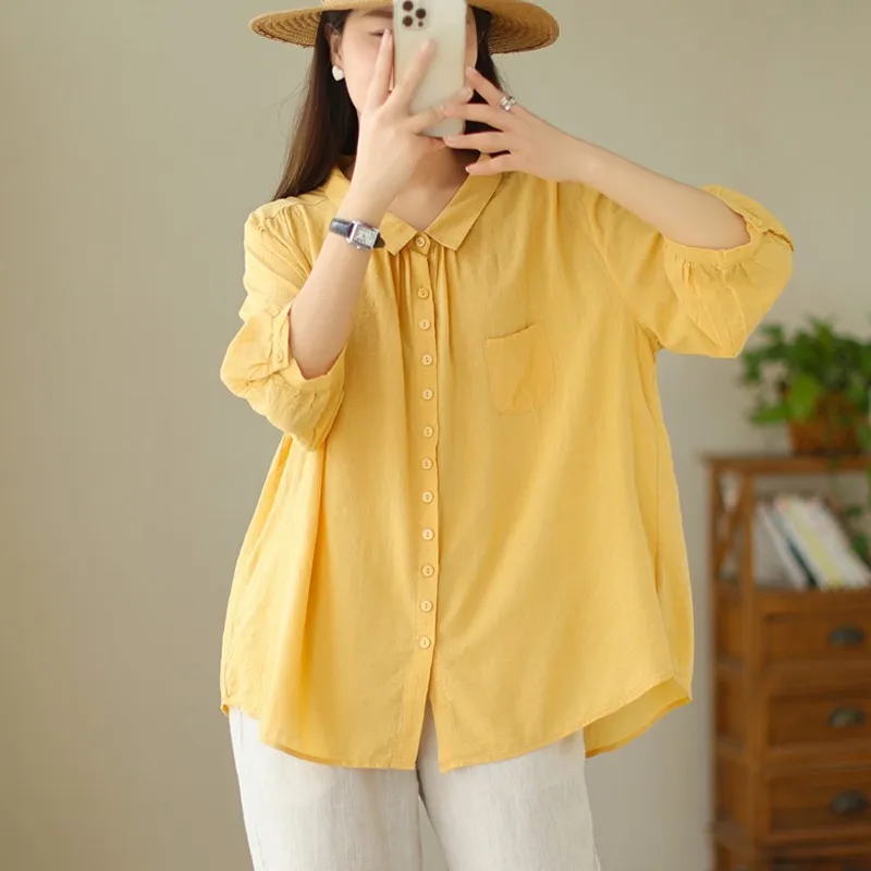 Women Casual Cotton Shirt New Arrival 2024 Summer Simple Style Solid Color Basics Loose Female Half Sleeve Tops Shirts B3818