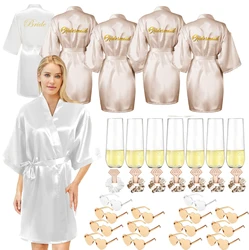 5-18 Pcs Kimono Robes Bridesmaid Team Bride Robes Bathrobe Heart Sunglasses Hair Ties Champagne Flutes for Wedding Bridal Party