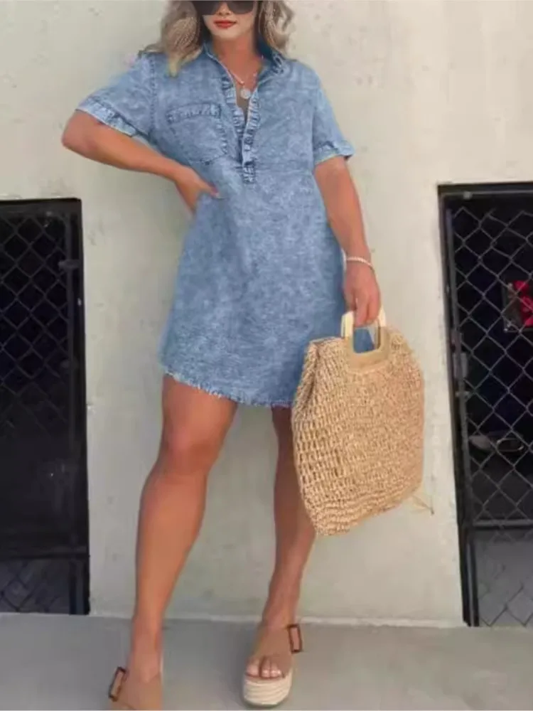 

2025 Summer Casual Denim Dress New Fashion Elegant V Neck Short Sleeve Solid Beach Party Holiday Mini Dresses For Women Robe