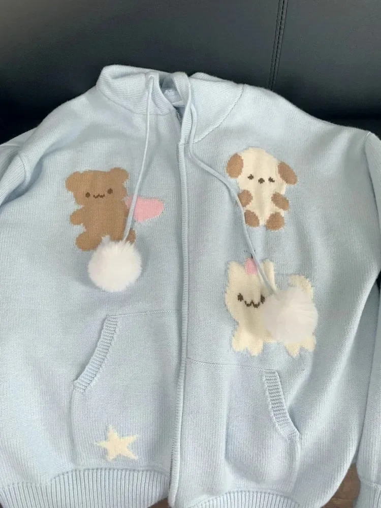 

Kawaii Little Bear с капюшоном на молнии, осень 2023, новые утолщенные вязаные топы, женские кардиганы с длинными рукавами Y2k для девочек, пальто