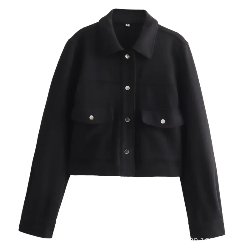 เสื้อแจ็คเก็ตแฟชั่นสตรี สไตล์สตรีท ฤดูใบไม้ร่วง-ฤดูหนาว ปี 2025 สีพื้น ลำลอง มีกระเป๋า ติดกระดุม ปกพับลง ดีไซน์หรูหรา