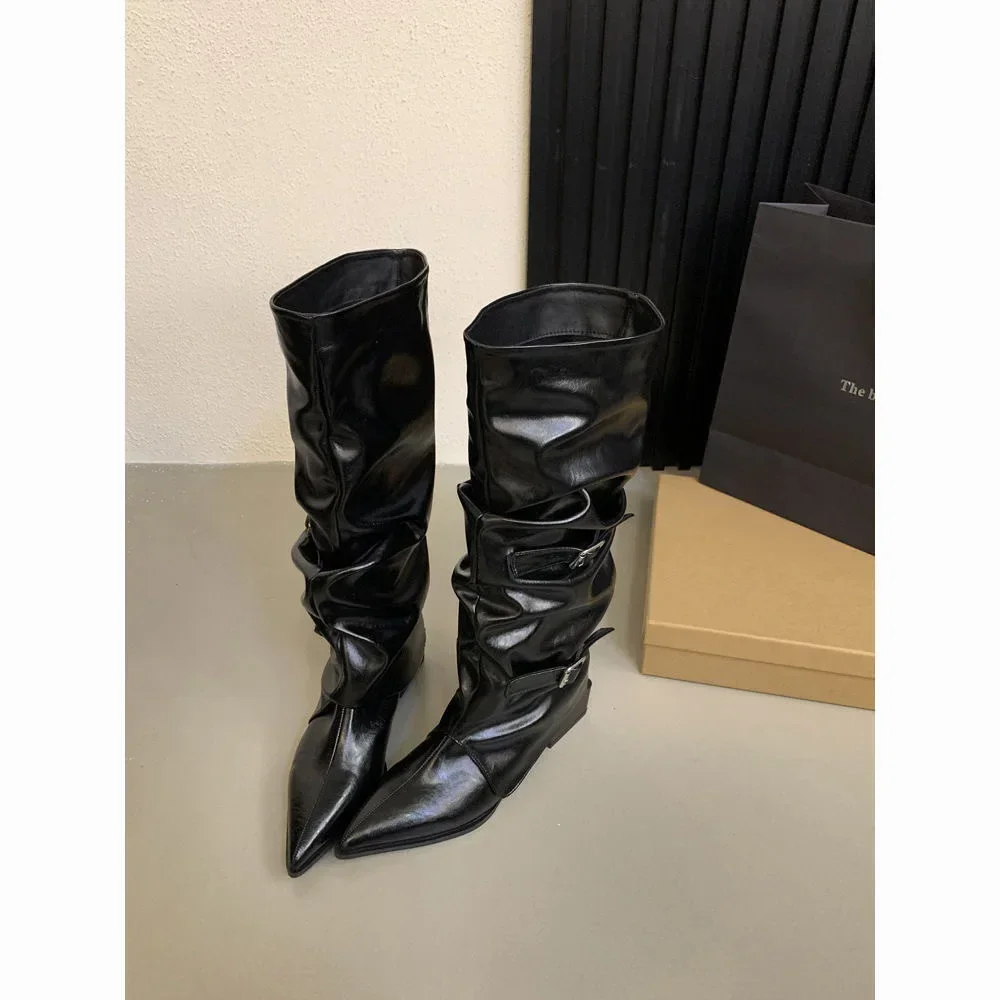Vintage Damenstiefel mit Dickem Absatz, Frühling/Herbst, Elegante Ritterstiefel mit Gürtelschnalle – Detail 6