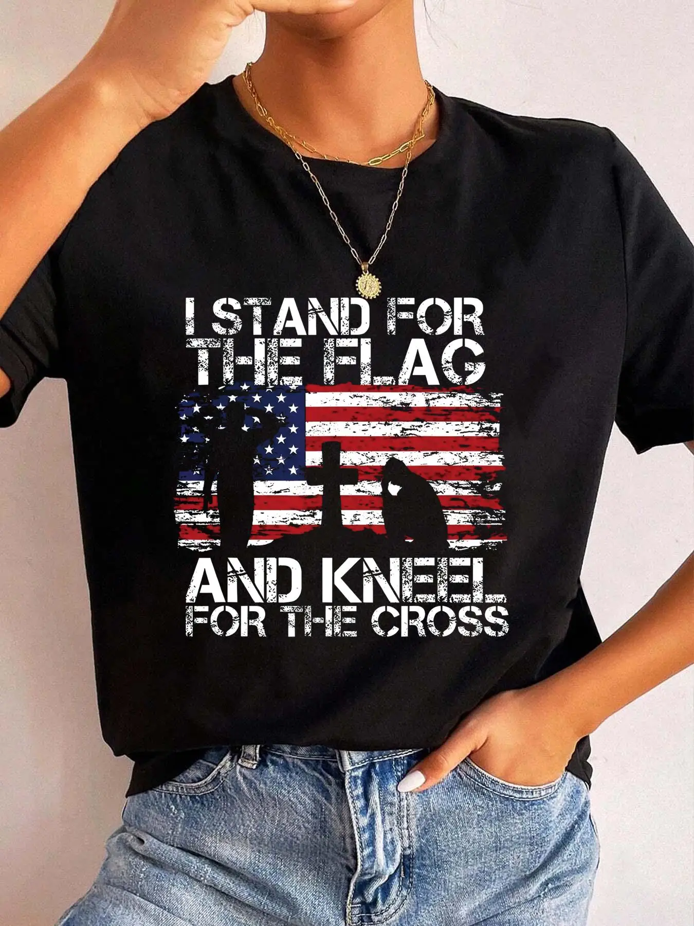 I Stand for The Flag and Kneel for The Cross USA Patriotic Christian Womens Short Sleeve Round Neck Graphic Tee