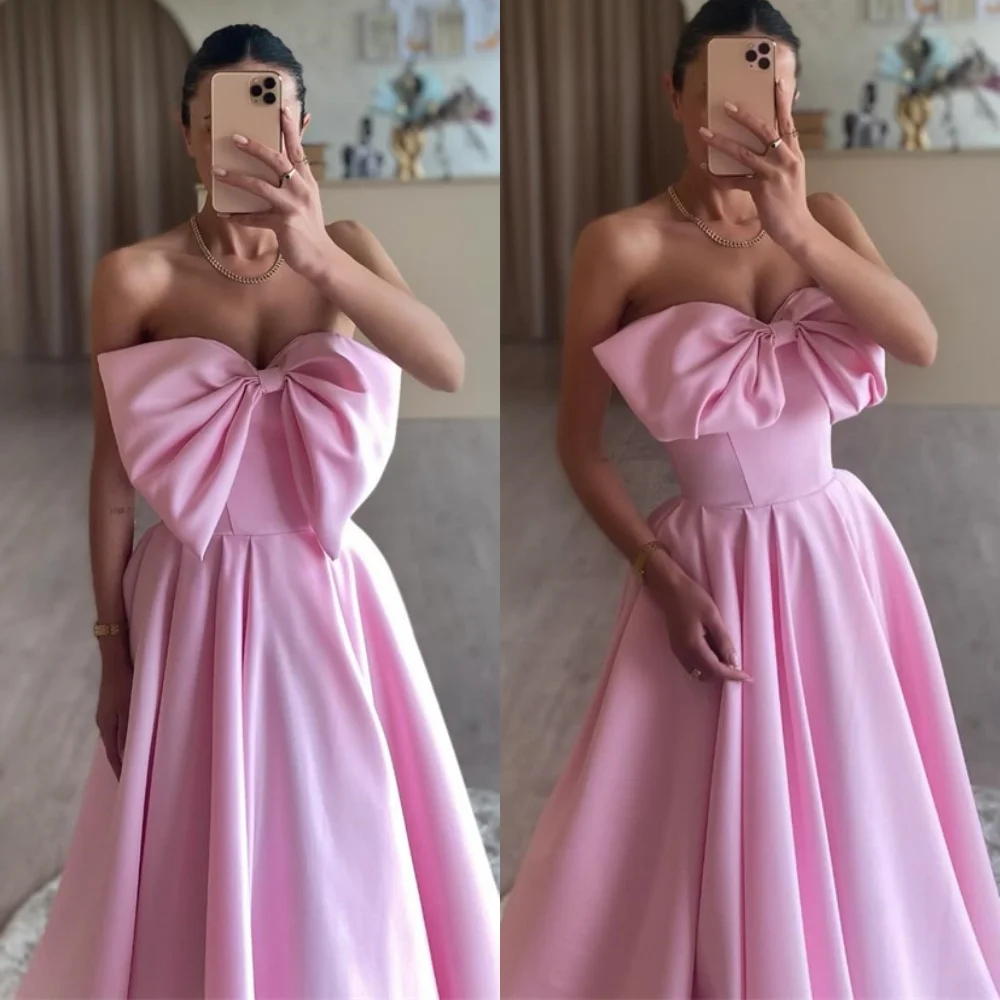 

Customized Fashion Pink Satin Evening Dresses Luxury Strapless Bow Homecoming Dresses Temperament Special Occasion Gowns