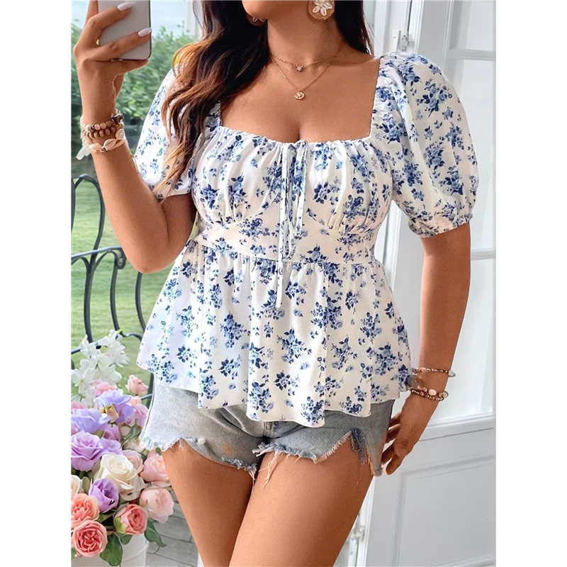 

ABRT-Women's Floral Blouse Boho Shirred Square Neck Puff Short Sleeve Vacation Shirt Peplum Tops