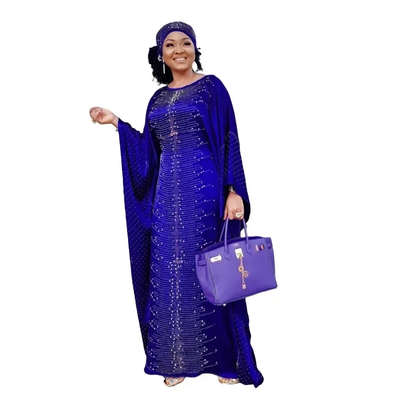 African Women Dress Dashiki Diamond Beading Luxury Muslim Casual Mix Dresses For Ladies With Headscarf New Arrivals 2024