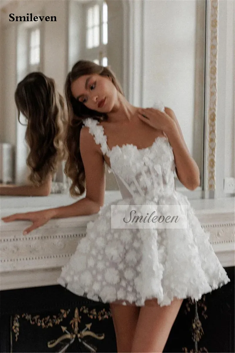 Smileven Short Wedding Dress A Line 3D Flowers Lace Bride Dresses Spaghetti  Strap Vestido de novia 2024 Wedding Gowns