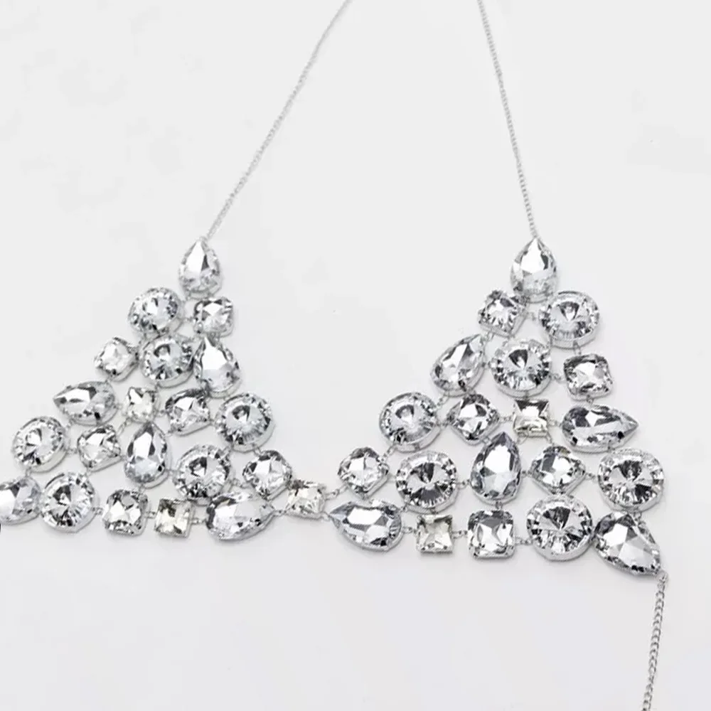 Fashion Geometric Rhinestone Bra Chain Sexy Chest Accessories Bikinis Outfit Rave Crystal Lingerie Top Jewelry Women Swimsuit