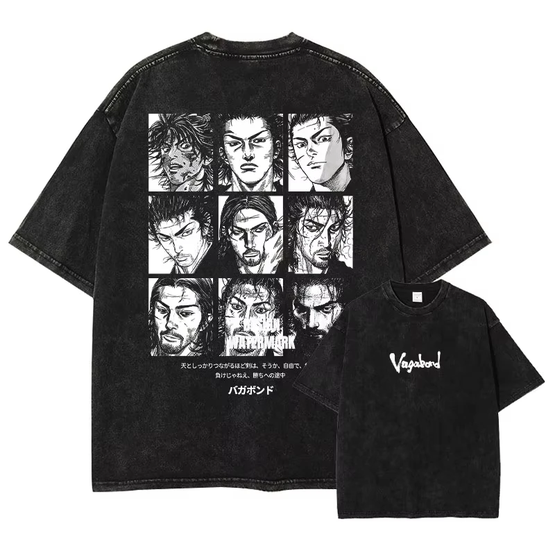Vagabond T Shirts Manga Vintage Washed Miyamoto Musashi T-shirt Oversized Retro Unisex hot product Streetwear Comfortable soft