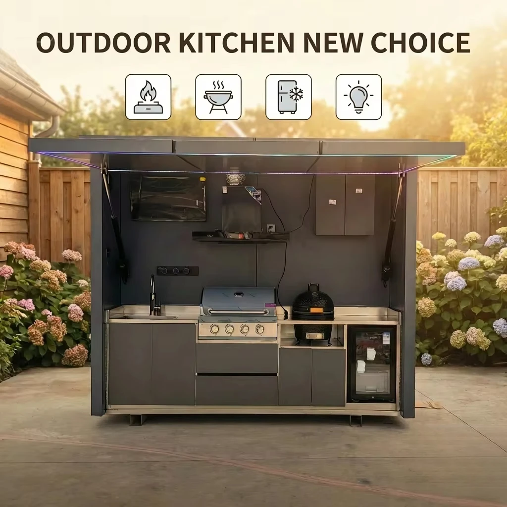 Stainless Steel Modular BBQ Island Outdoor Kitchen Kamado Grill Cabinet Equipped With Smoker and Pizza Oven For Home Party Use
