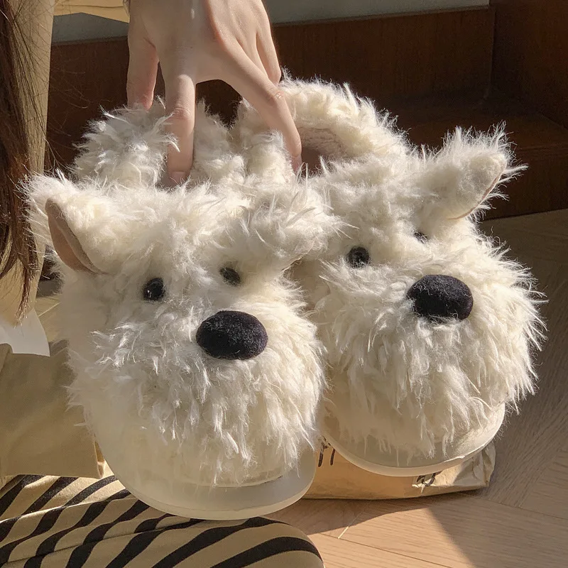 Cartoon Cute Dog Furry Cotton Home Slippers For Women In Winter Indoor Household Plush Insulation, Thick Sole Slippers