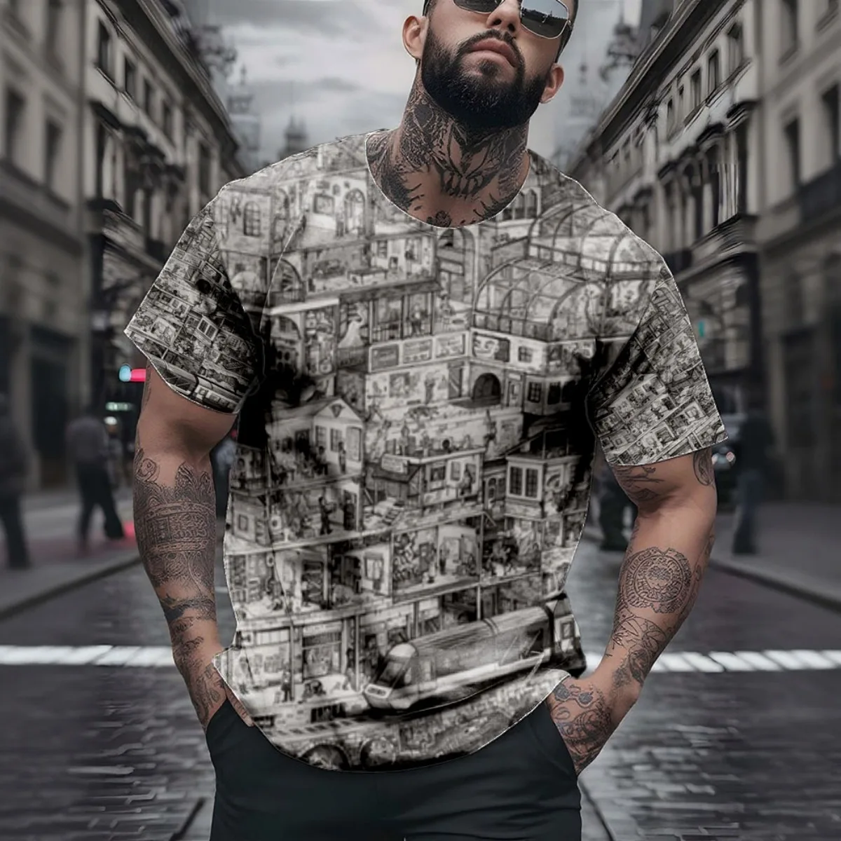 

Странный городской пейзаж IINew Arrival, модная мужская короткая футболка с принтом све, уникальный универсальный дизайн с принтом для стильного повседневного использования