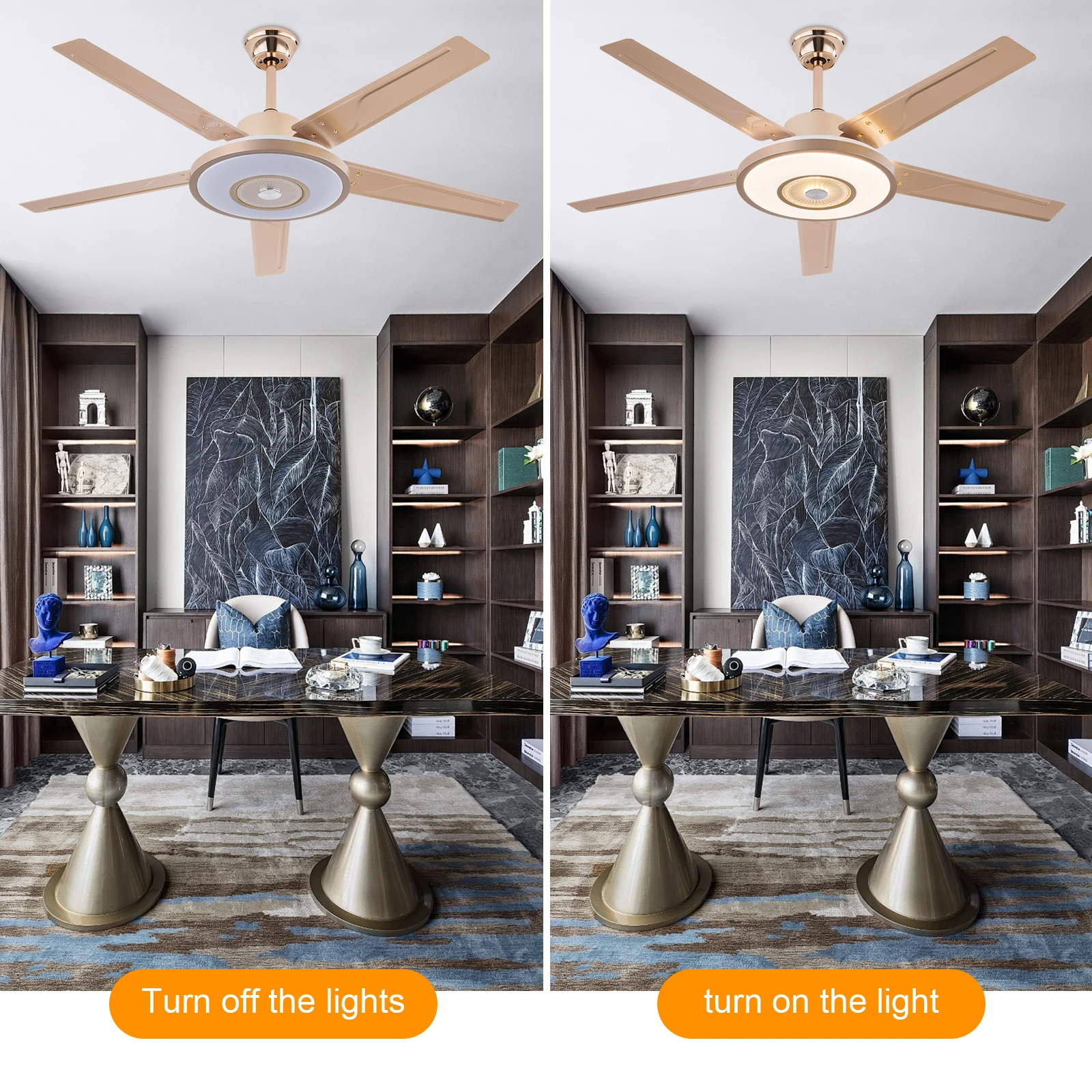 

ZY1142 Ceiling Fan Light (52-Inch) | Gold, 3-Color LED, Remote Control, Pure Copper Motor (85-265V)