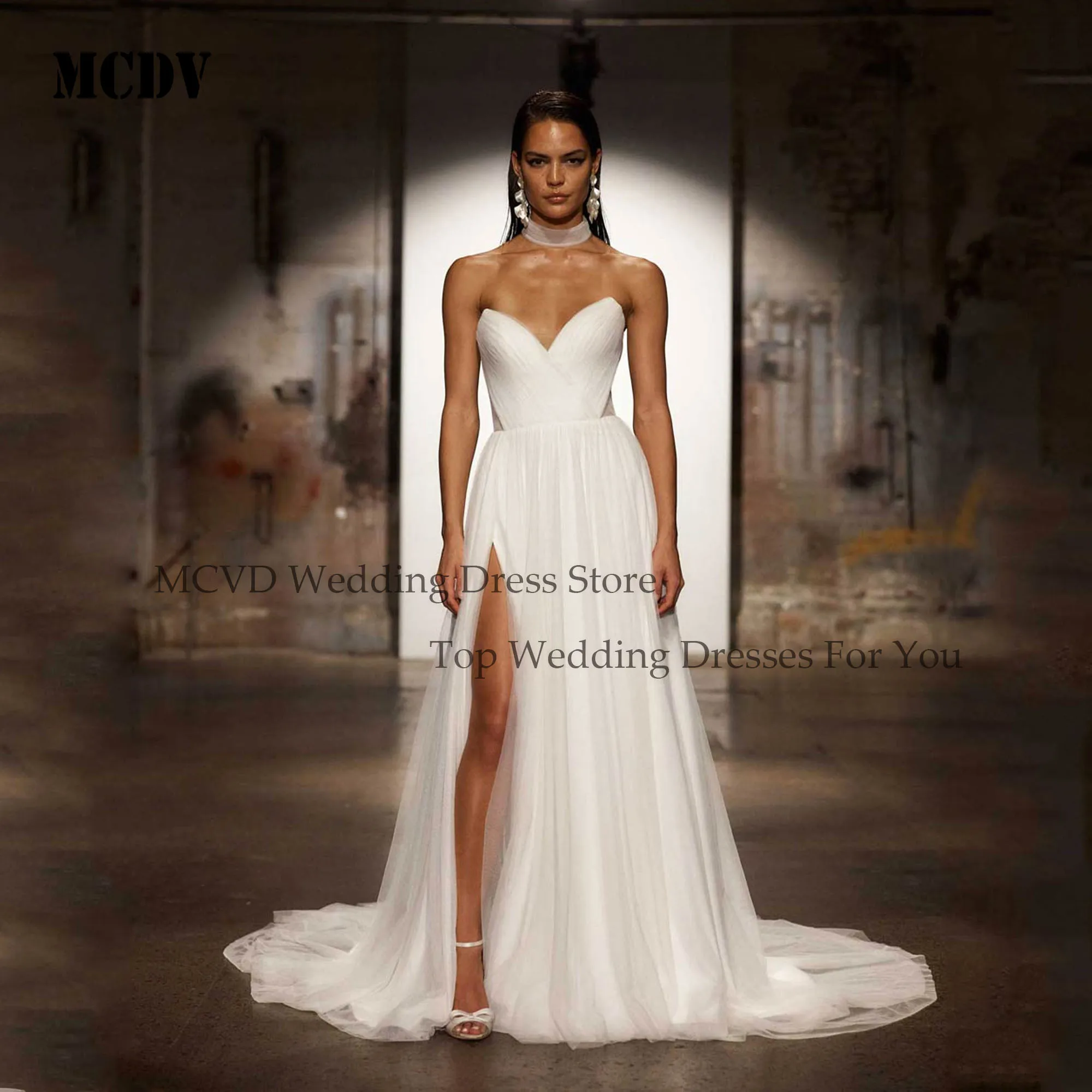 MCDV Abito da sposa senza maniche in tulle con linea A per la sposa Abiti da sposa con spacco laterale senza spalline Abito da sposa con strascico senza schienale personalizzato