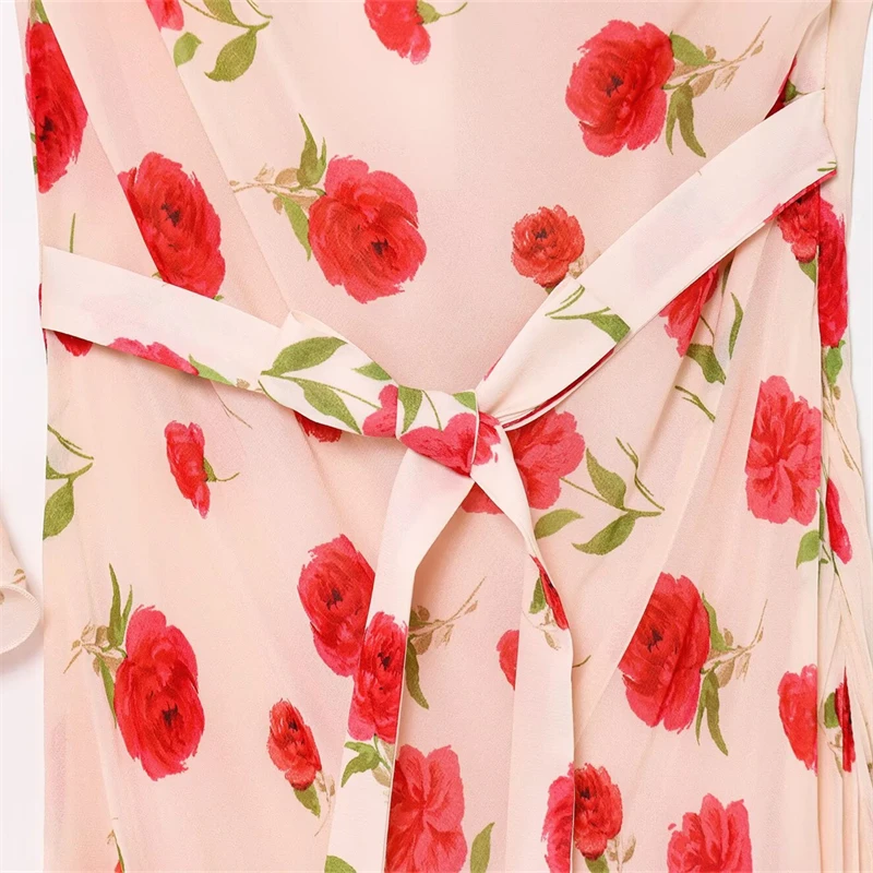 Keyanketian 2025 verão novo feminino romântico rosa impresso midi vestido estilo francês em camadas gola inclinada sem mangas rendas até vestidos