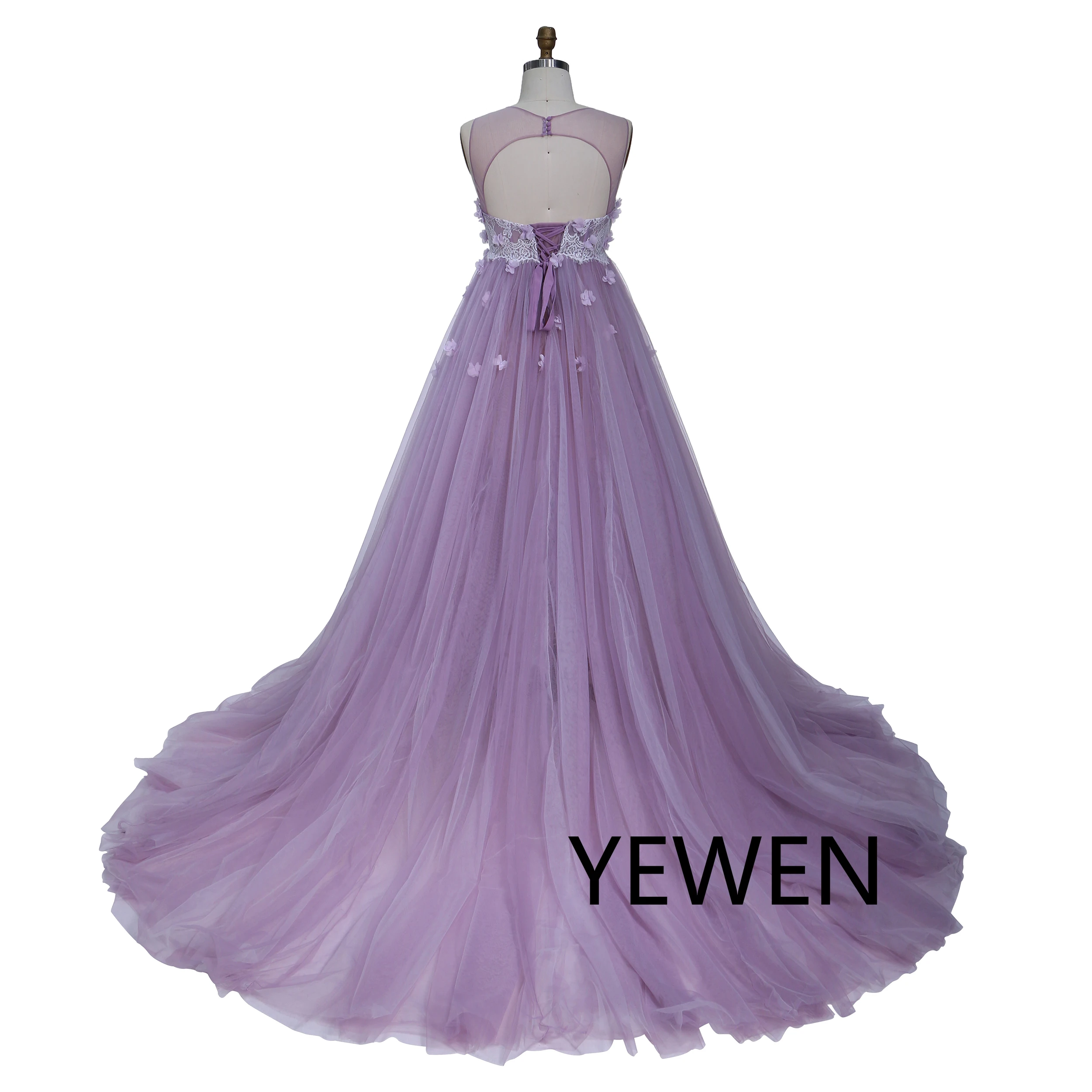 Soft Tulle Crew Neck Backless Applique Floor Length Dress Evening Dress for Photo Shoots YW230330