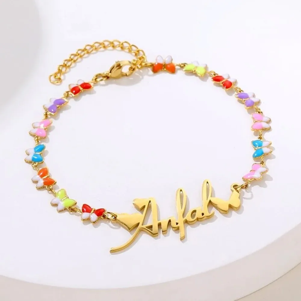 

Lulu's Butterfly Custom Name Bracelet Women Mixed Color Enamel Stainless Steel Eye Petal Heart Bracelet Gift