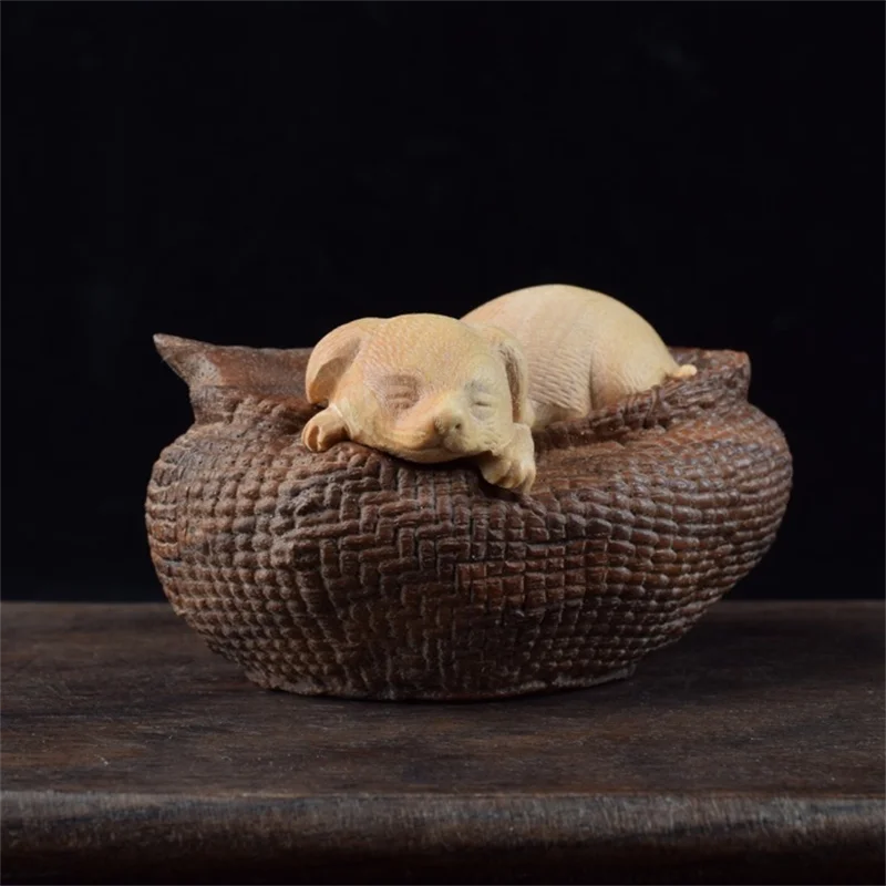 7X4 CM Zodiac Dog Hand Carved Boxwood Figurine Carving Lovely Slepping Dog Animal Sculpture - #W119