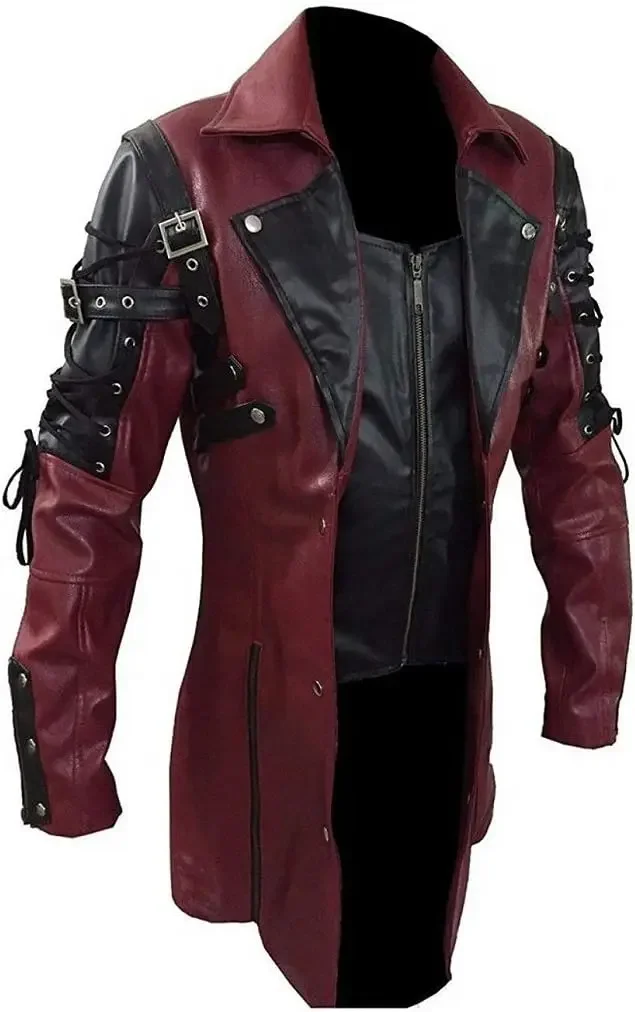 Men's Steampunk Gothic Trench Coat, Punk Biker Leather Jacket Autumn Winter Motorcycle Riding Outwear Vintage Cosplay Costume