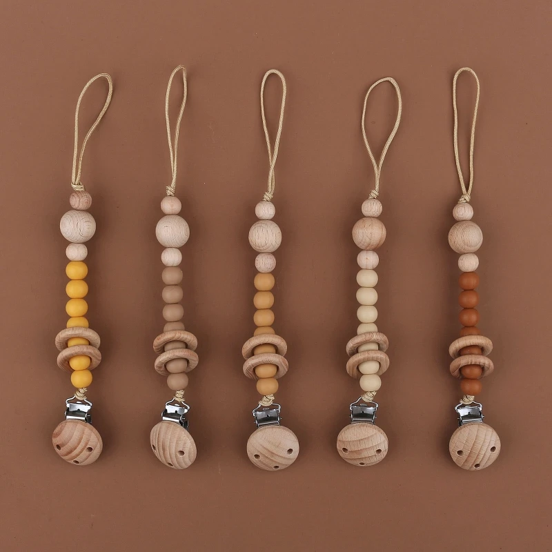 

Food Grade Baby Silicone Pacifier Clips Chain Beech Wooden Ring Newborn Dummy Nipple Holder Clip Anti-Lost Soother Holder Chain