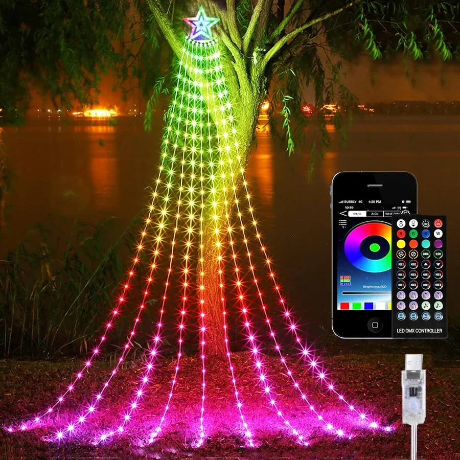 

9x3m 304 LED Christmas Tree Decorations Outdoor Star String Lights Smart APP Remote Controlled Waterfall Fairy Light Garland