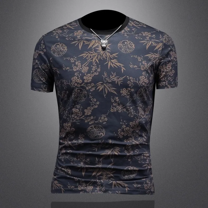 Summer Trendy Printed Short Sleeve T-Shirt Men's Dark Flower Slim Fit Half Sleeve Body T-Shirt Korean Style Personality Top