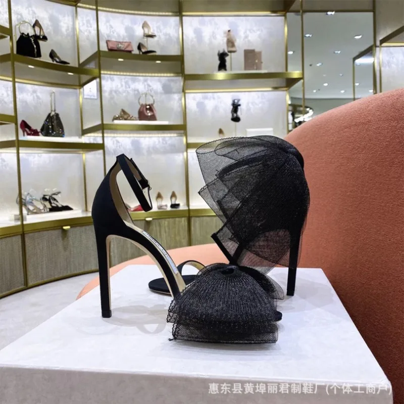 

2026 Summer One-Word Sandals Women's High Heels Stiletto Flower Bow Temperament Versatile Banquet Shoes Evening Dress Rhinestone