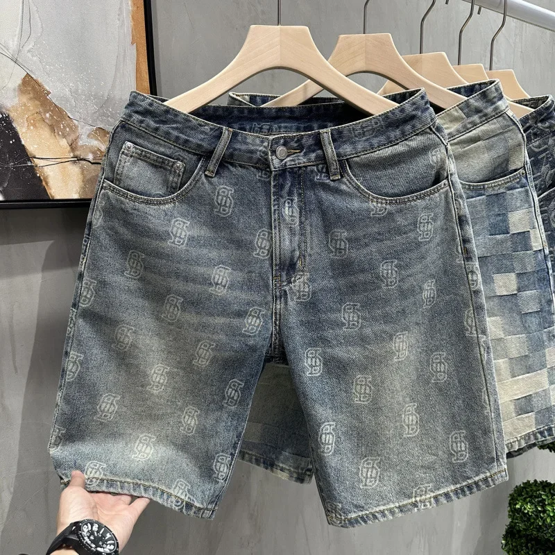 

Retro Blue Washed Denim Shorts for Men in the Summer of 2025, New Casual American Fashion Brand Color Blocked Five Quarter Short