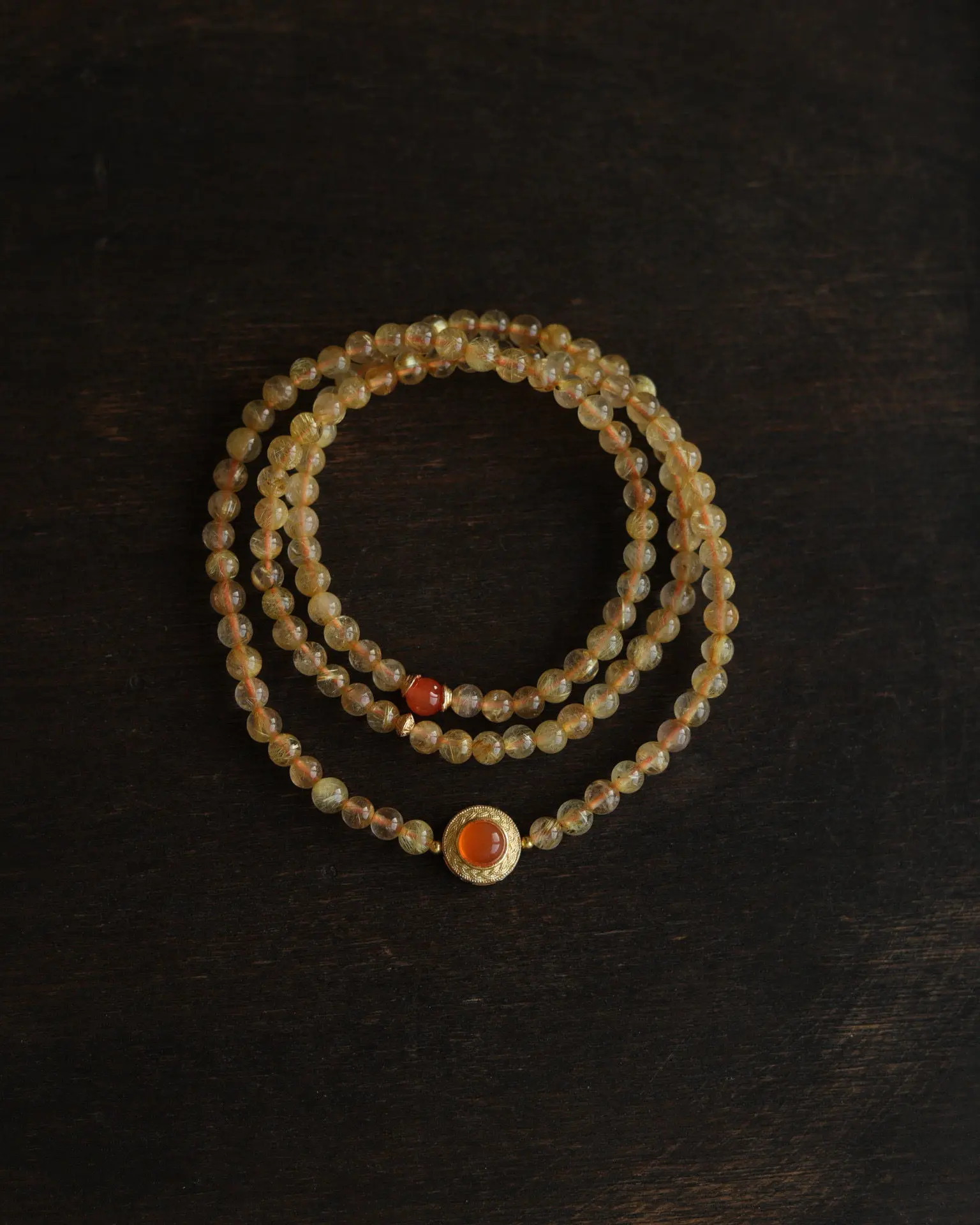 

Natural Rutilated Quartz Multi-Strand Bracelet, Ancient Gold Plated Nanhong Inlay, Chinese Style Gemstone Jewelry Gift