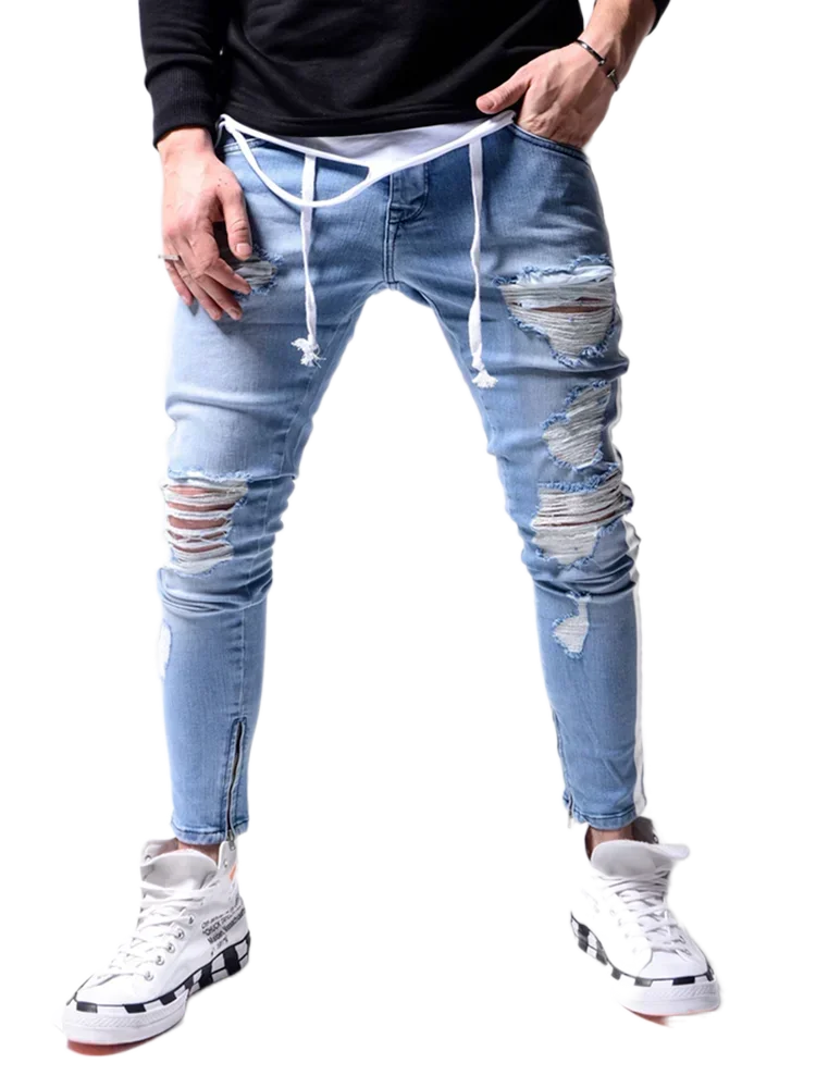 Men's Ripped Pencil Pants Men Skinny Denim Biker Side Striped Jeans Men's Fashion Foot Mouth Zipper Hip-Hop Slim Denim Trousers