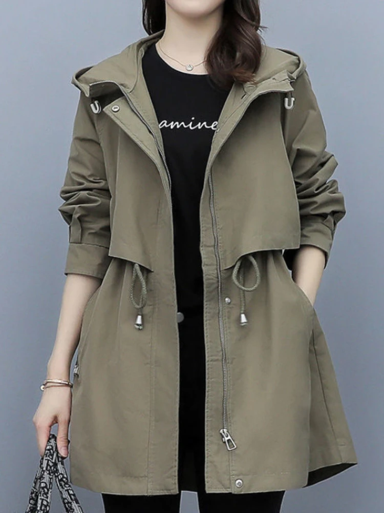 

Spring and Autumn 2023 Women's Mid-length Trench Coat Hooded Zipper Tie-in Jackets British Style Loose Coats Women's Clothing