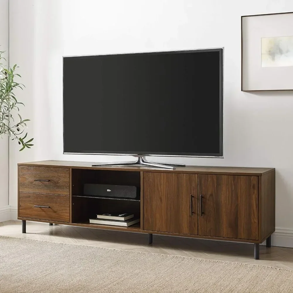 Walker Edison Uptown Modern 2 Drawer Low Profile Stand for TVs up to 80 Inches, 70 Inch, Dark Walnut