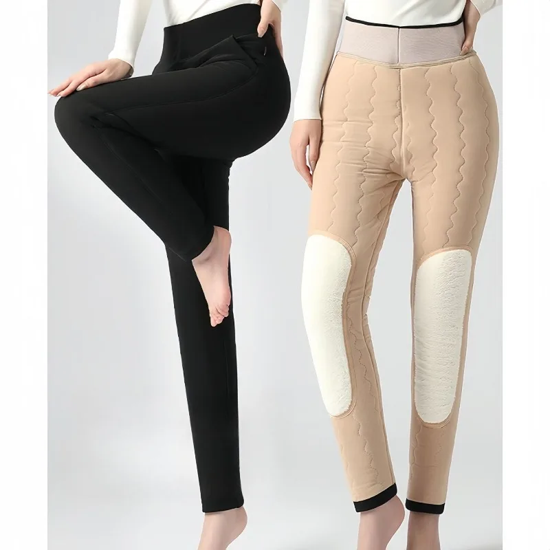 Women's Thickened 2025 Lined High Elasticity Knee Padded Warm Pants High Waist Bottom TT263