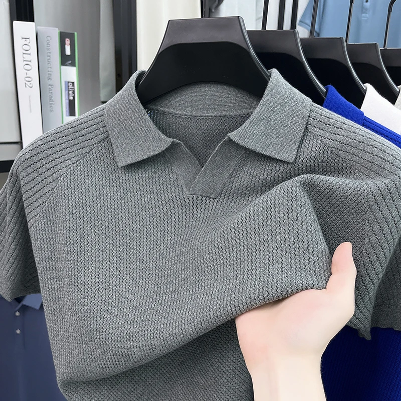 Flip Collar Seagull Collar Vintage Style Polo Shirt Men's Short Sleeved Knitted Breathable Summer Casual Versatile Top