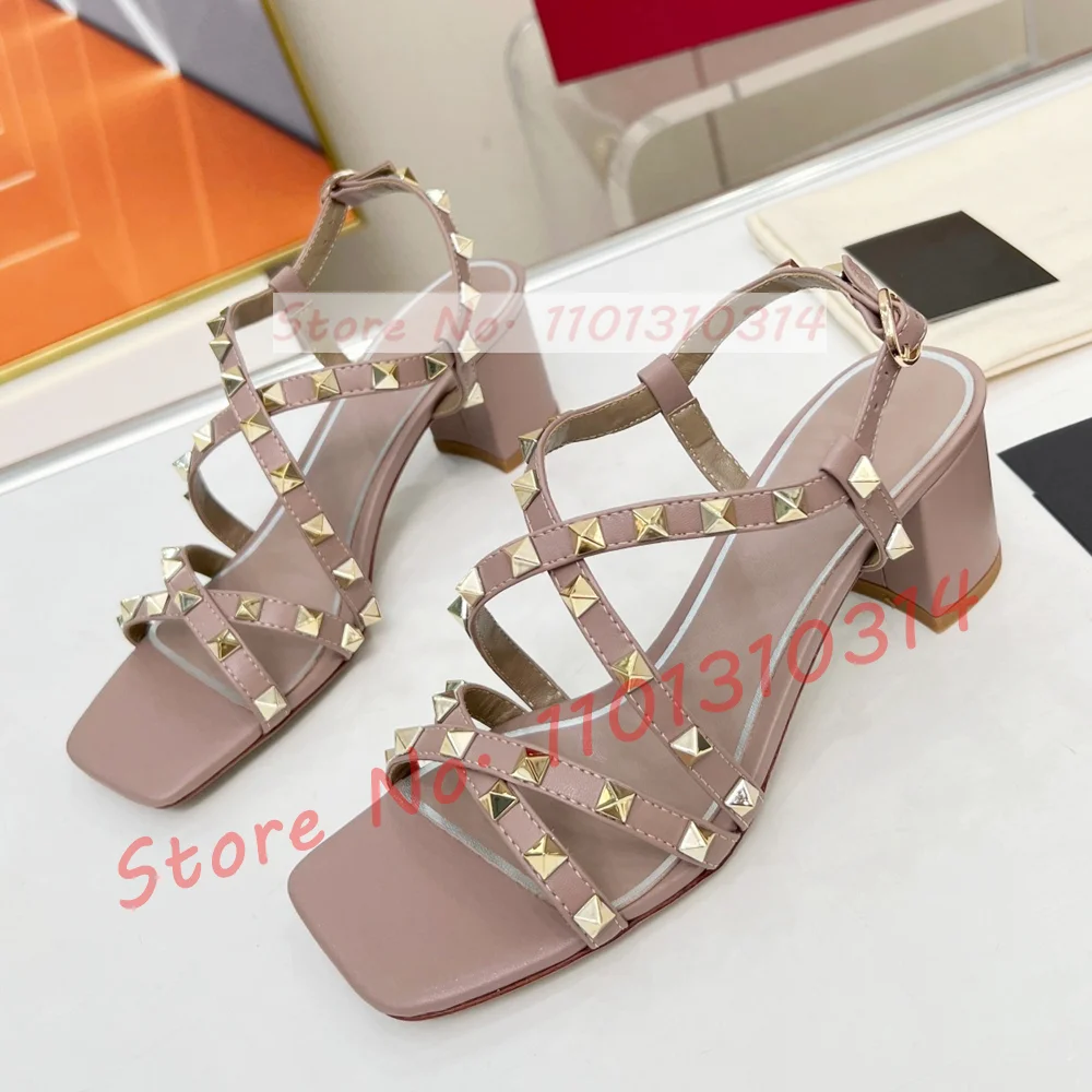 Rose Red Shiny Real Leather Rivets Block Heels Sandals Women Square Toe Gorgeous Party High Heels Gold Studded Trendy Shoes